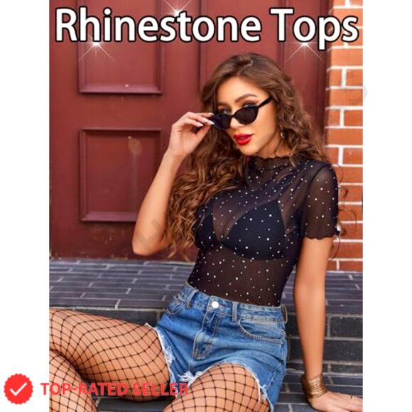 Mesh Rhinestone Blouse Sheer Sparkly Party Top Y2K Chic Going Out Wear - Picture 5 of 7